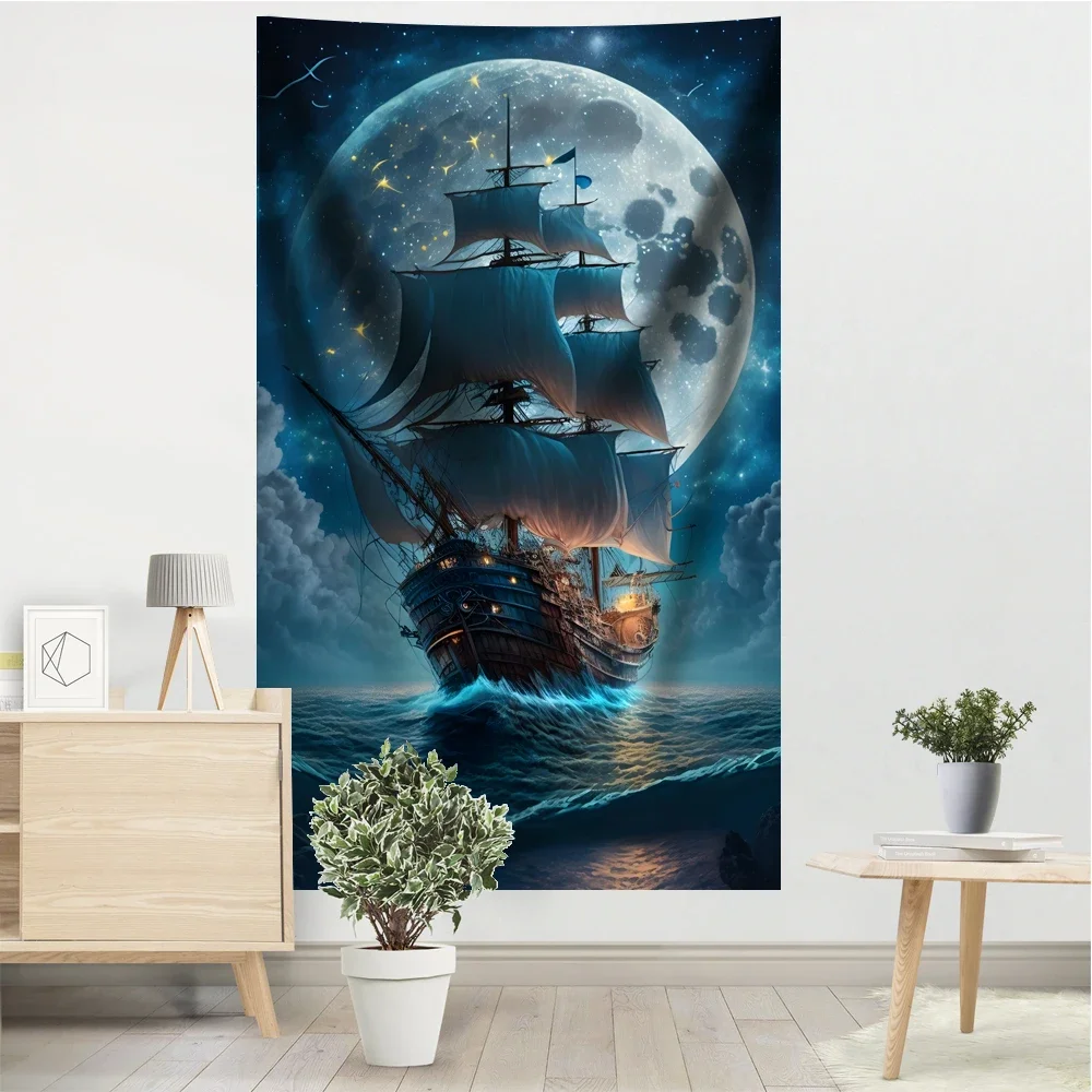 Sailboats Sailing Tapestry Banners Sailing In The Dark Flag Pirate Ships Moons  Rooms  Hanging Decorati