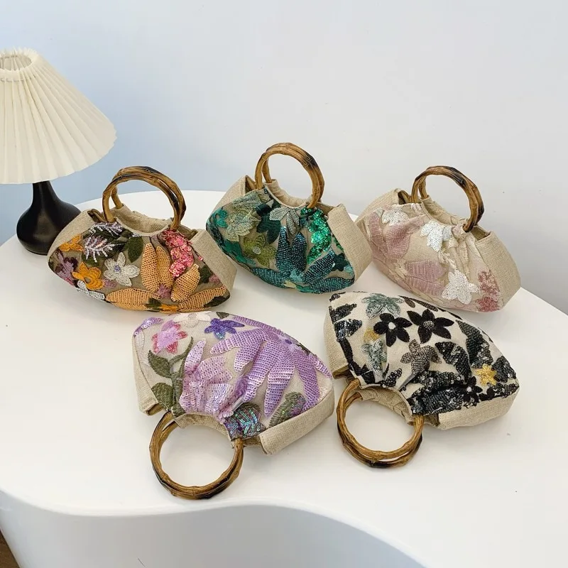 

PC Flower Zipper Sweet Top-Handle Bags 2026 High Quality Bling Sewing Retro Dinner Bag Autumn New Simple Beauty Women's Bags