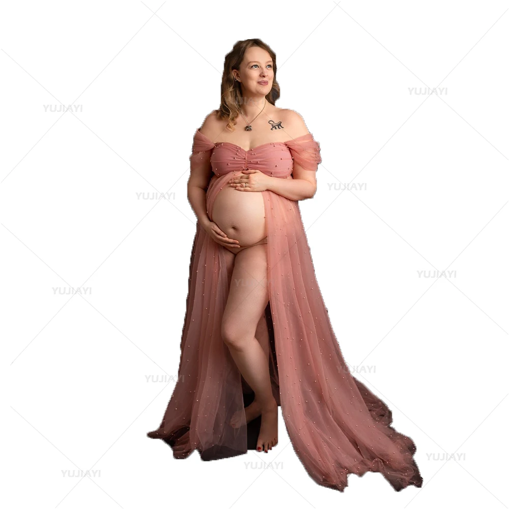 Maternity Dress for Photoshoot Pearls Tulle Robe Custom Women Bathrobe Wedding Party Bridal Boudoir Lingerie Sleepwear Pajamas