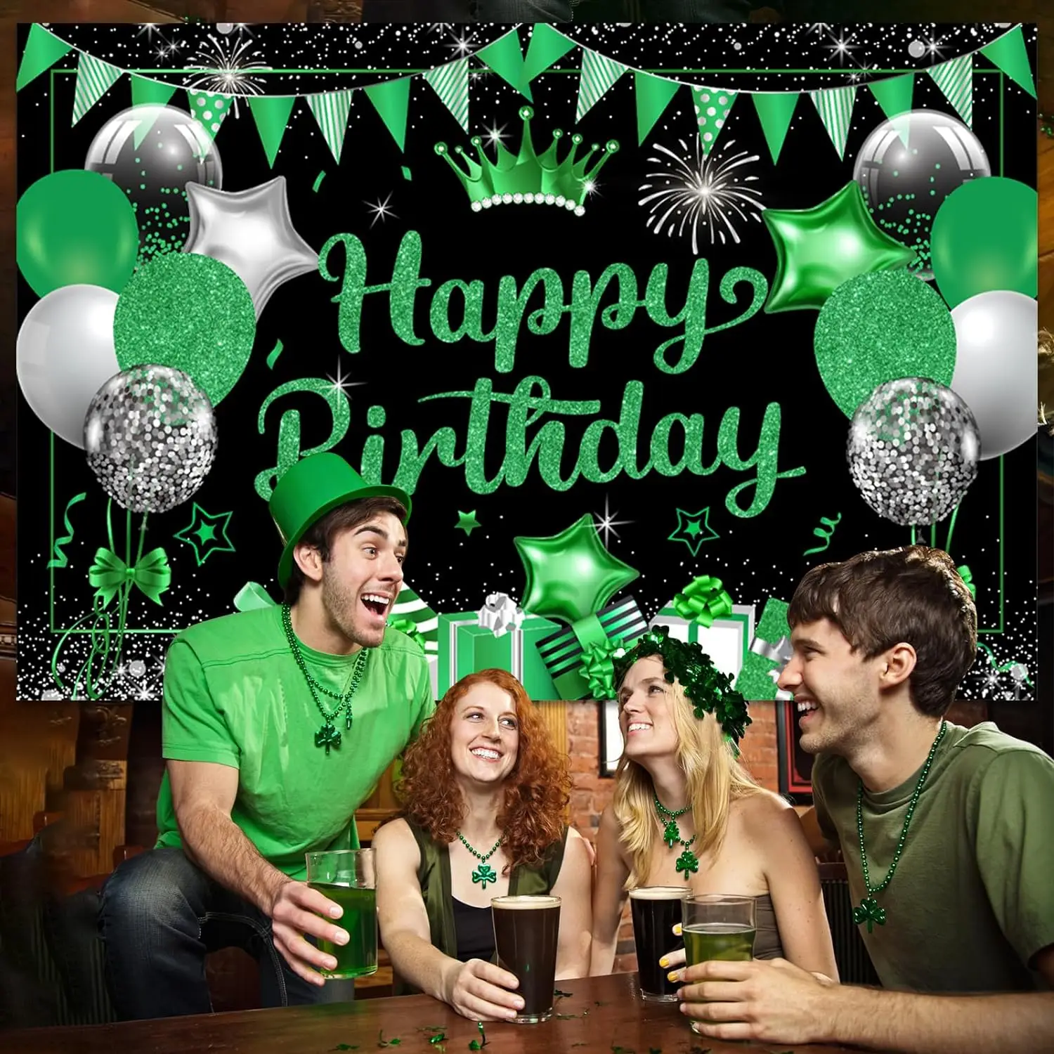 Green Happy Birthday Door Banner for Women Men with Backdrop for Green Outdoor Indoor Birthday Supplies