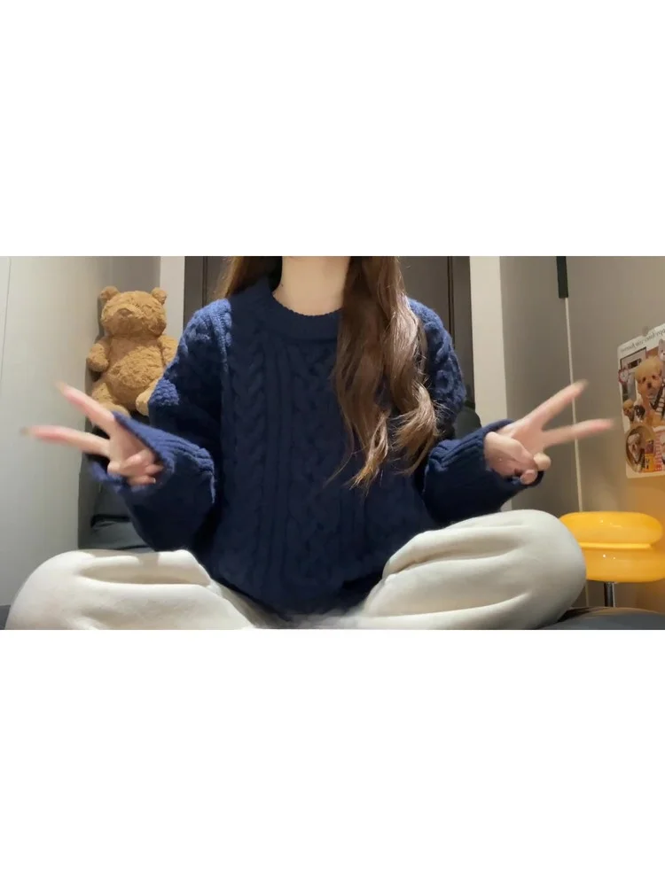 

Loose Thiened Knitted Turquoise Twist Sweater Women's Autumn Winter round Ne Overhead Soft Comfortable Commute Sle Top