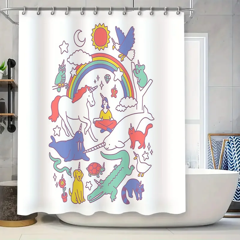 

Cute Cartoon Animals Kids Bathroom Shower Curtain Woodland Forest Unicorn Deer Fox Nursery Decor Waterproof Washable