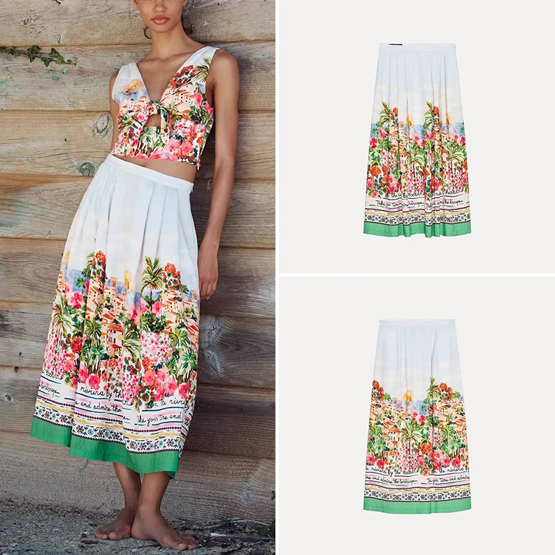 2025 여름 신상 여성 패션 프린트 클로크 스타일 하이웨이스트 미디 스커트 스탠다드 핏 A라인 스트릿 스타일 플로럴 폴리에스터