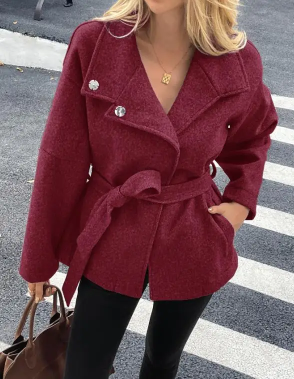 Elegante winterstijl wollen jas met veters en lange mouwen met modieus temperament, korte jas in Britse stijl met taille