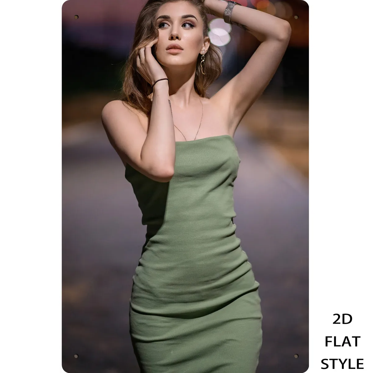 2D Metal Sign, Green Tight Dress Woman Posing at Night, 8x12 Inch Retro Iron Plaque for Coffee Shop Bar Restaurant Themed Dec