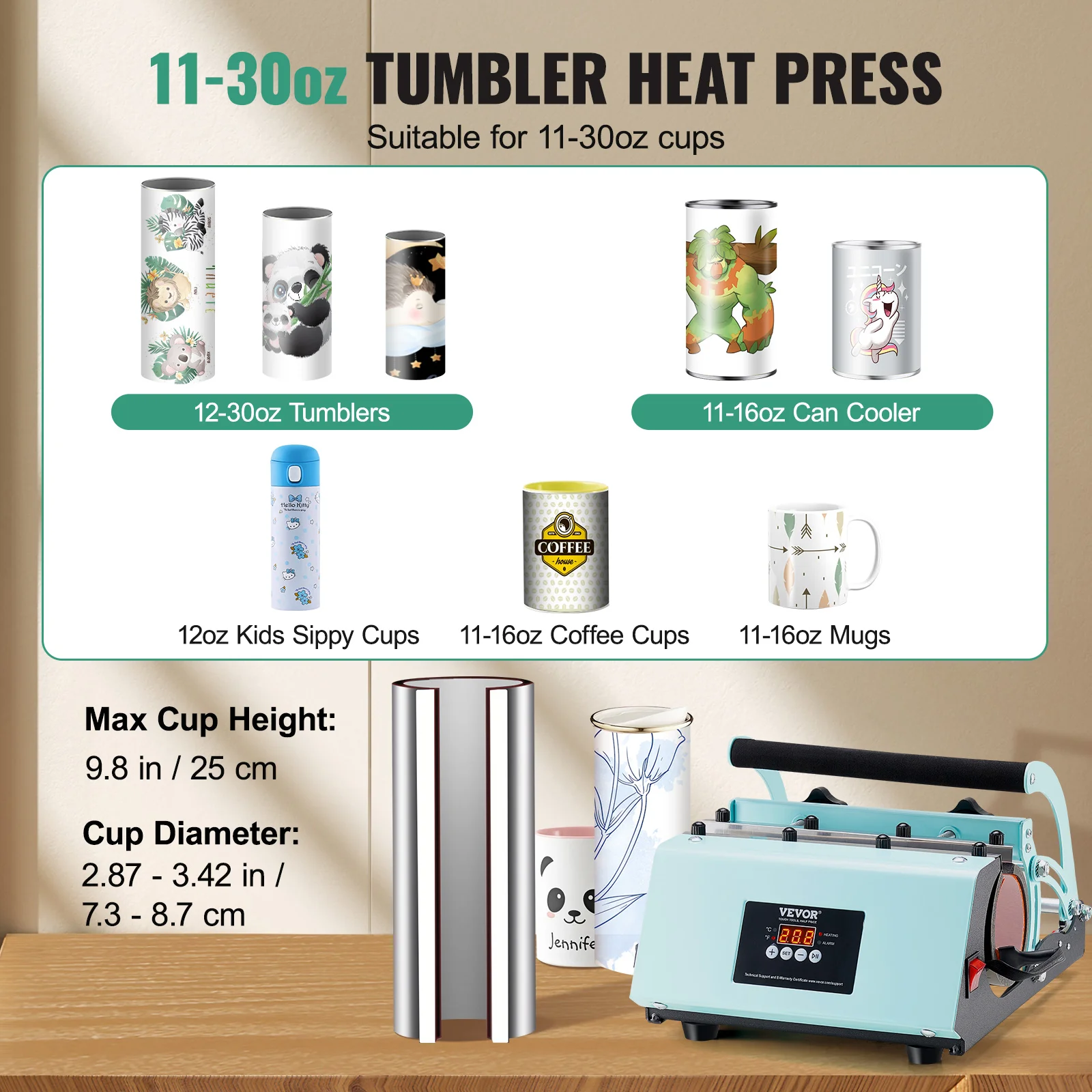 VEVOR Tumbler Heat Press Machine, 11-30oz Mug Press, Heat Up Fast and Even, Tumbler Press with Sublimation Paper,Tape and Gloves