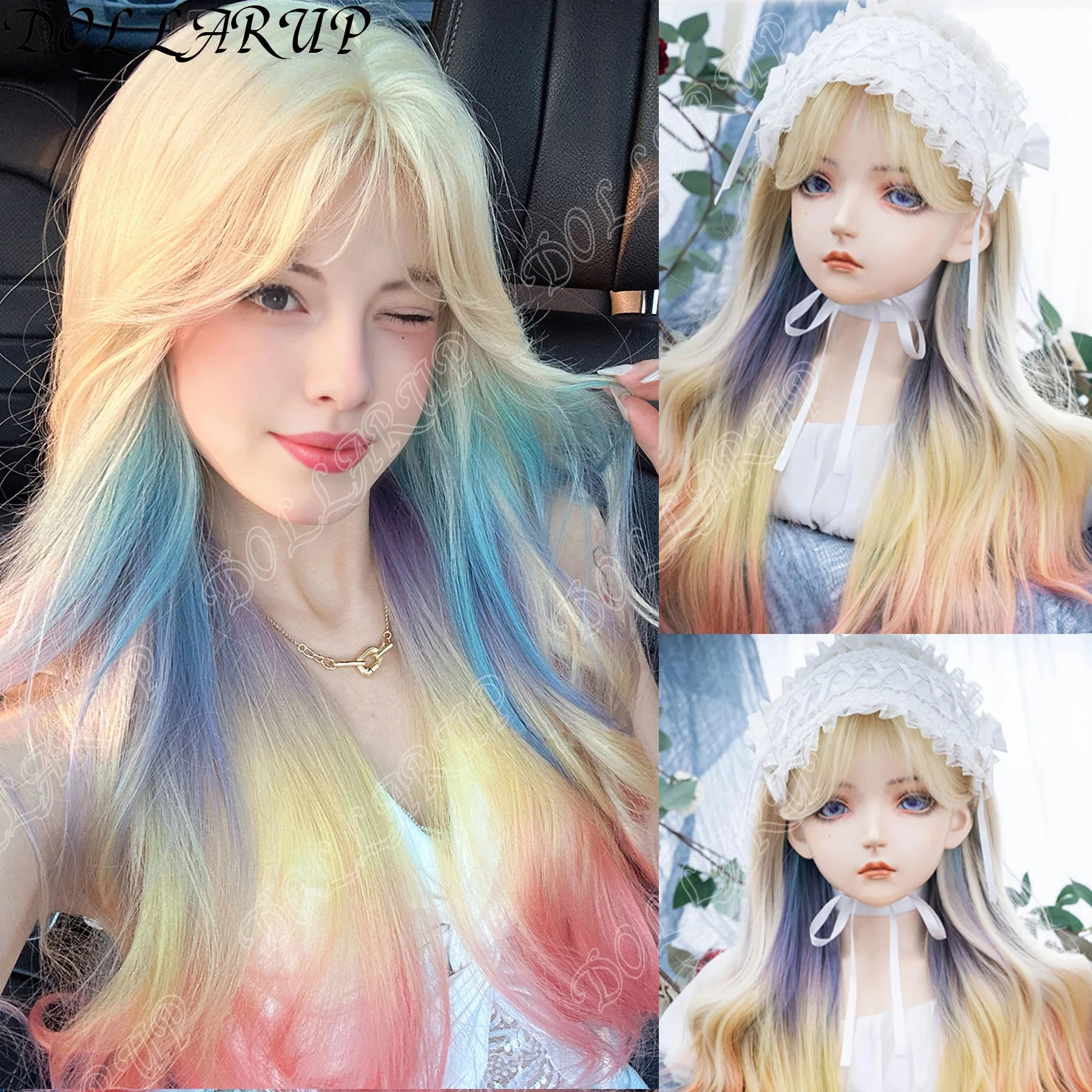 JKL الاصطناعية النساء لوليتا متموج مجعد الحليب الأبيض التدرج البنفسجي اللون طويل مجعد خصلات الشعر المستعار مع الانفجارات شعر مستعار تأثيري #5