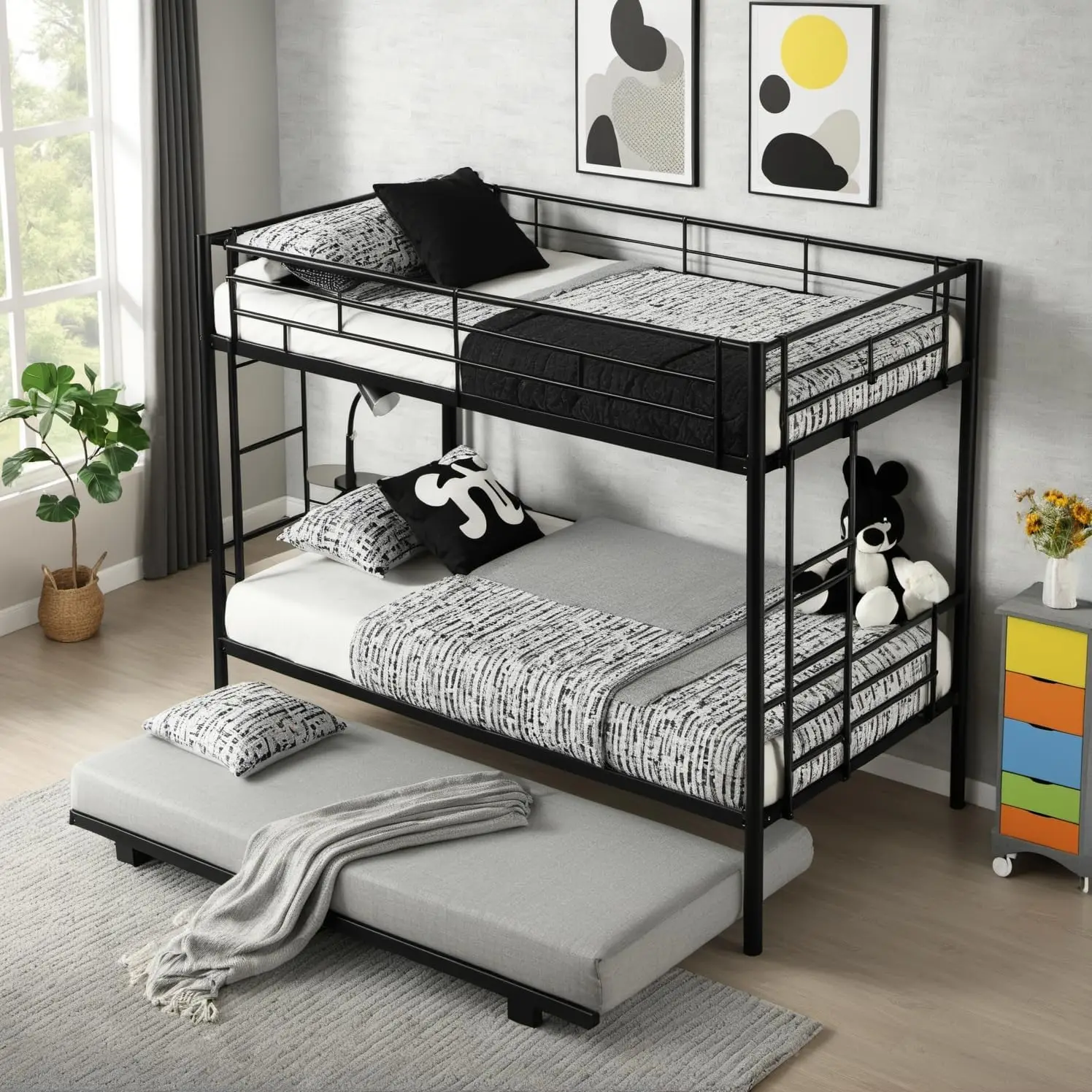 with Trundle,Twin Metal Bed Frame with 2 Ladder and Guardrails&Convertible Bunkbeds for Boys/Girls,Space Saving Design,No Spring