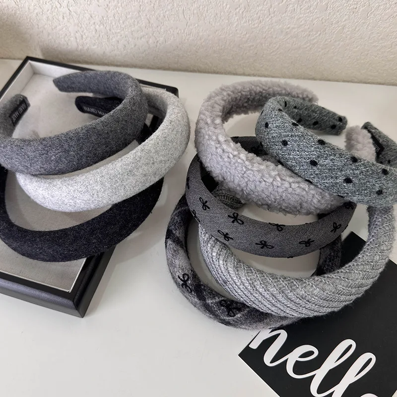 

1pc French Vintage Wide Headband Gray Polka Dot Knit Bow Volume Lifting Hair Hoop for Women Daily Wear Autumn Winter Cold Season