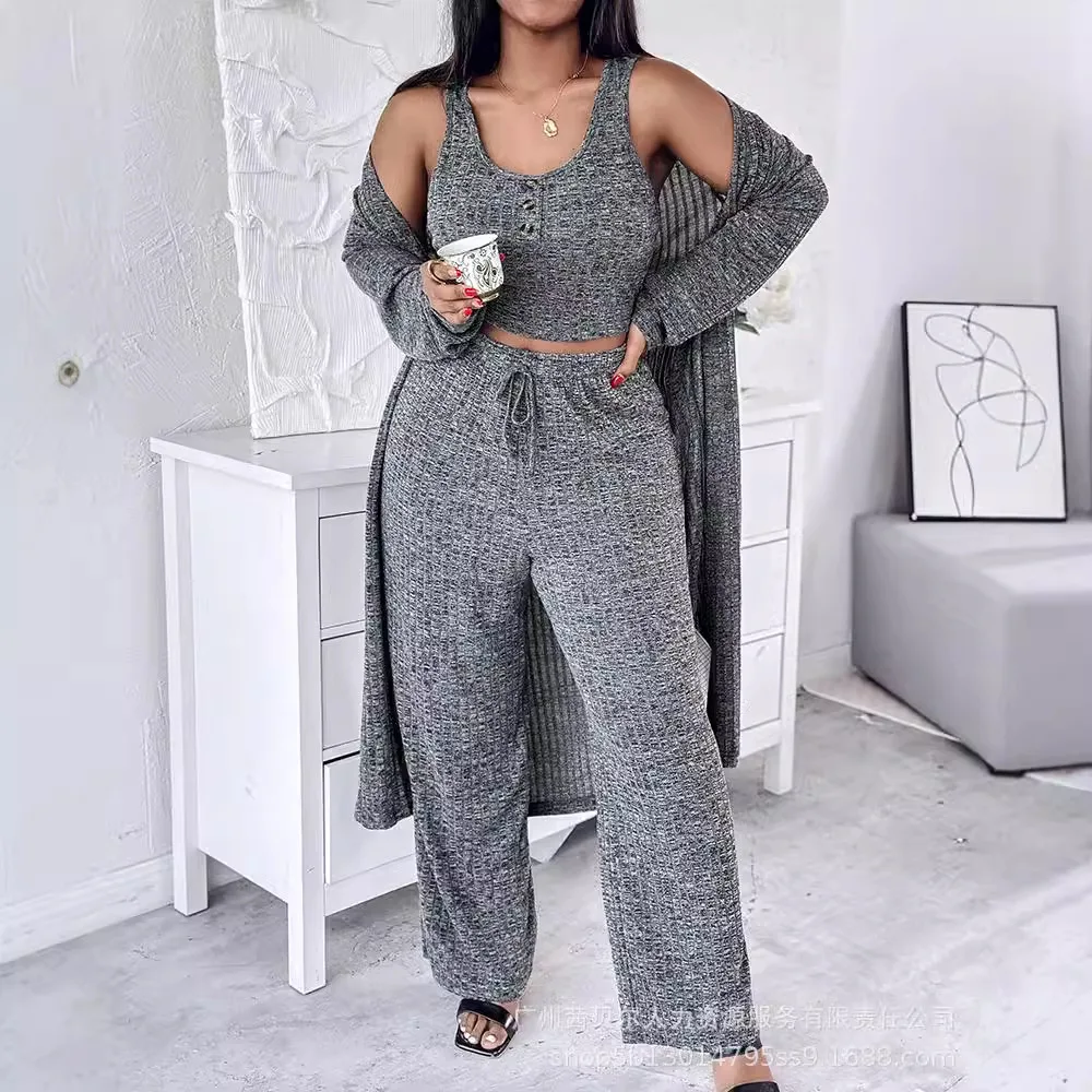 Women Cardigan Outwear Clothing Polished Pit Strip Home 3 Piece Sets Outfits Skinny Camis Tops High Waist Pants Casual Trousers