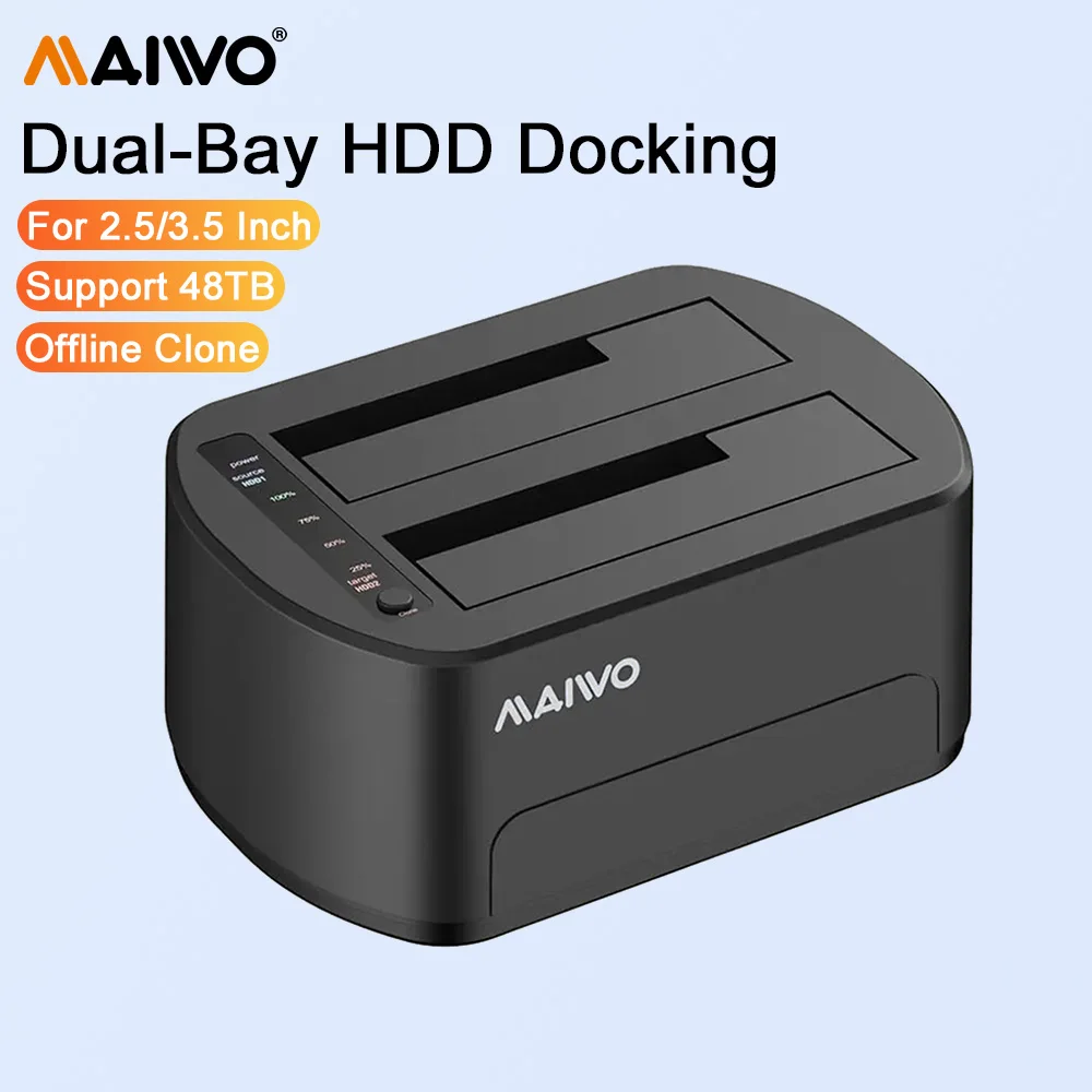 MAIWO Dual Bay HDD Case 2.5/3.5 Inch External Hard Drive Enclosure Case with Offline Clone 12V 3A Power Adapter for Pc Laptop