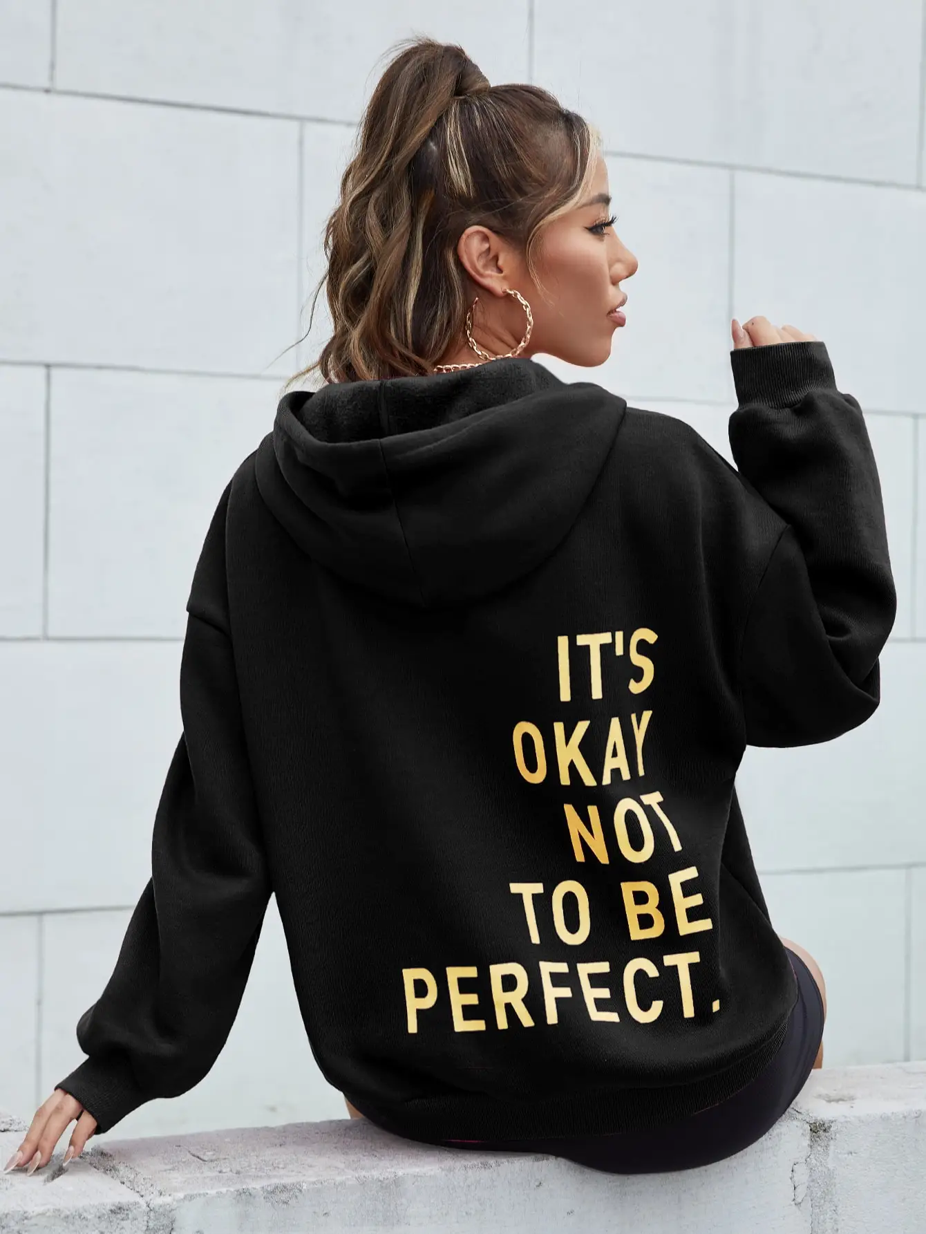 It\'s Okay Not To Be Perfect Art Letter Hoodies Female Fashion Casual Hoody Hip Hop Autumn Clothing Pocket Fur-liner Pullover