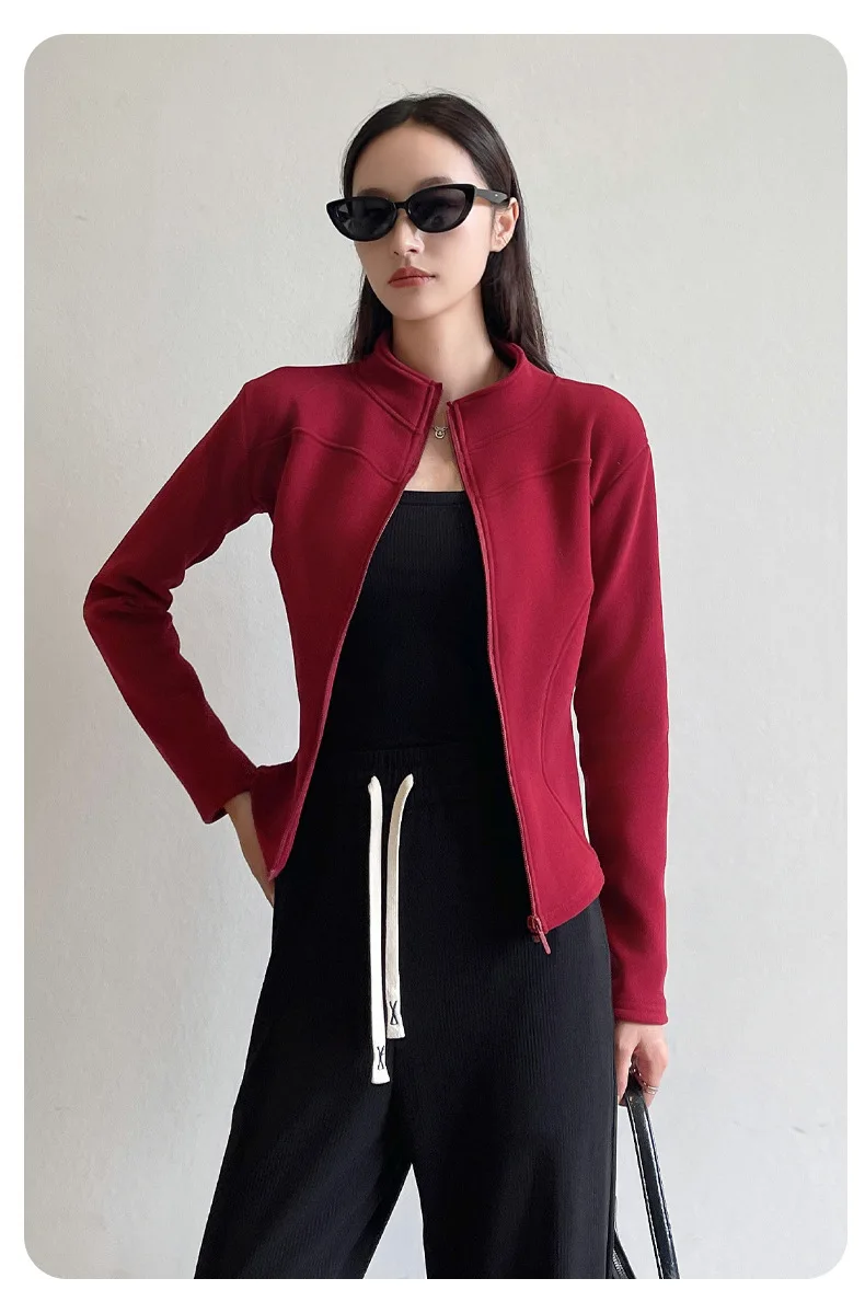 Women's Slim Fit Fleece Lined Short Sweatshirt Jacket Autumn Winter Thick Warm Zipper Jackets Woman Solid Stand Collar Yoga Wear