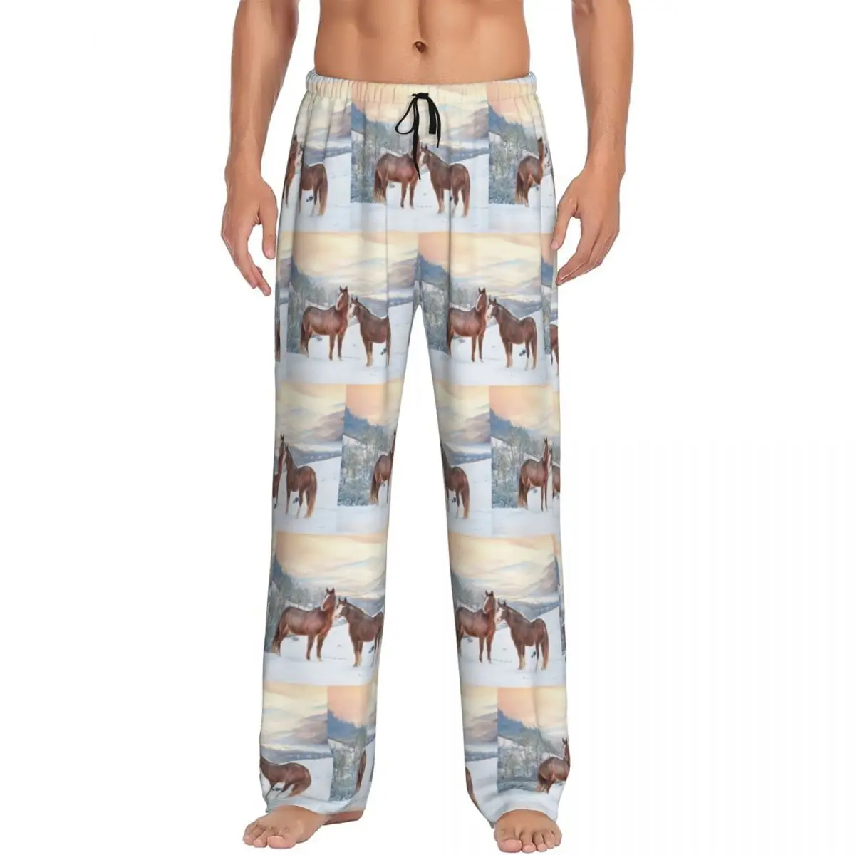 Custom Horses With Snow And Sunset Hills Pajama Pants Men Sleepwear Sleep Lounge Bottoms with Pockets
