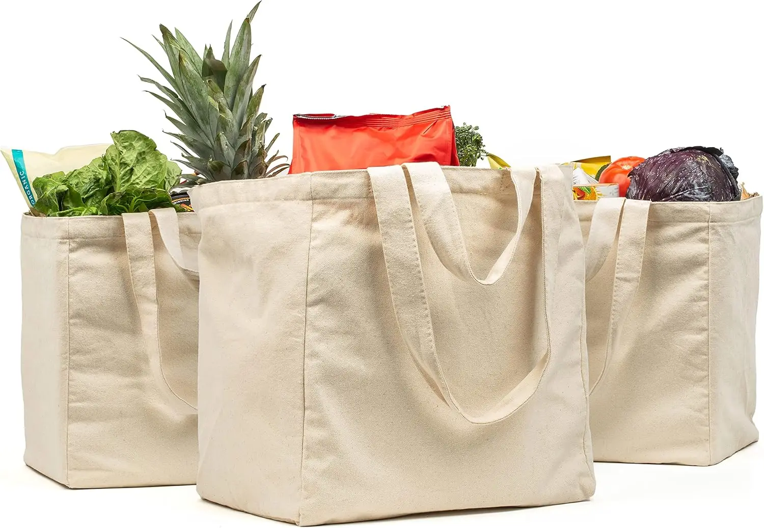 

XL Canvas Grocery Bag Set with Pockets, Long Strap & Short Handle. Heavy Duty, Foldable, Washable - 3pc