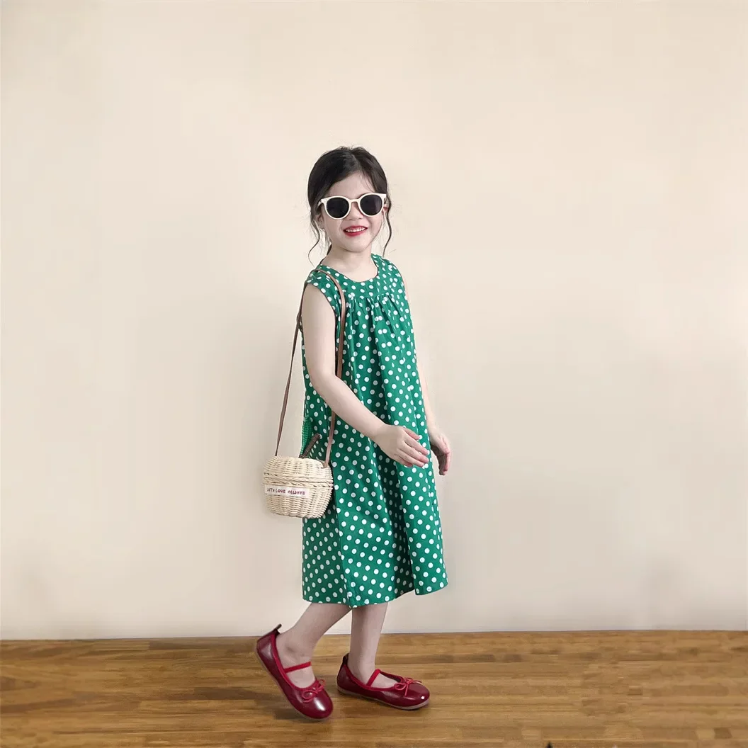 

Girls Skirt 2025 Summer New Childrens Clothing Korean Style Girl Baby Back Hollow Wave Dot Holiday Vest Princess Skirt Casual