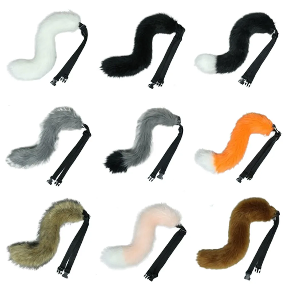 12 Colors 55CM Faux Fur Cat Tail Anime Cosplay Costume Props Furry Fox Wolf Dog Tail Fursuit Plush Tail with Adjustable Belt