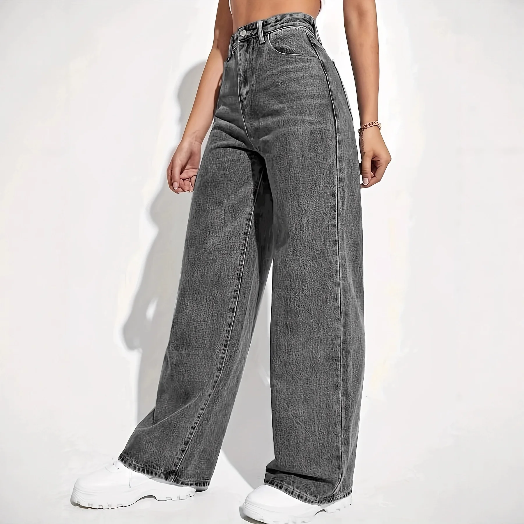 Women's Clothing High Waist Straight Leg Jeans For Woman Vintage Washed Denim Long Pants Cotton Thin Elegant Casual