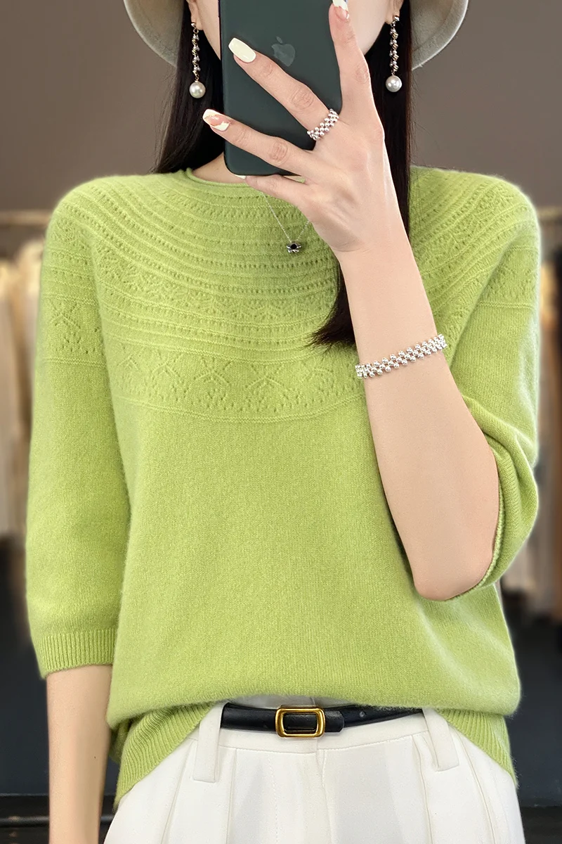 

New Spring Summer Half-Sleeve Pullover Women Sweater 100% Meino Wool O-Neck Knitwear Hollow out Women Short-Sleeve T-shirt Tops