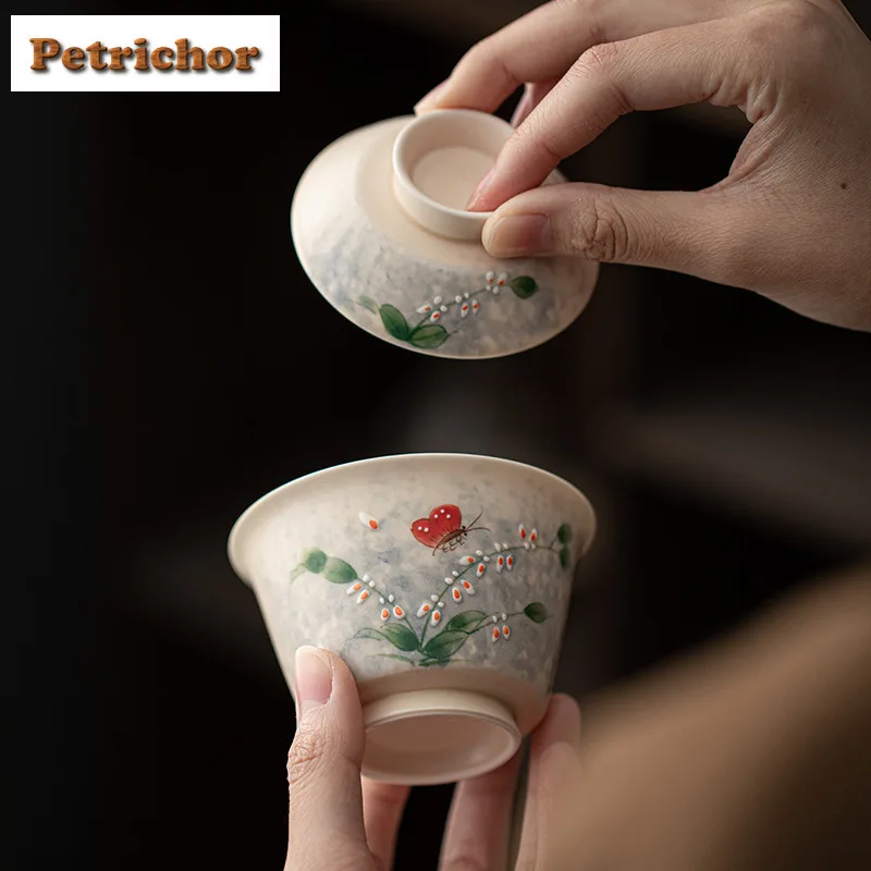 150ml Hand Drawn Orchid Butterfly Gaiwan Aesthetic Tea Tureen Tea Bowl With Lid Kit Tea Maker Cover Bowl Tea Ceremony Collection
