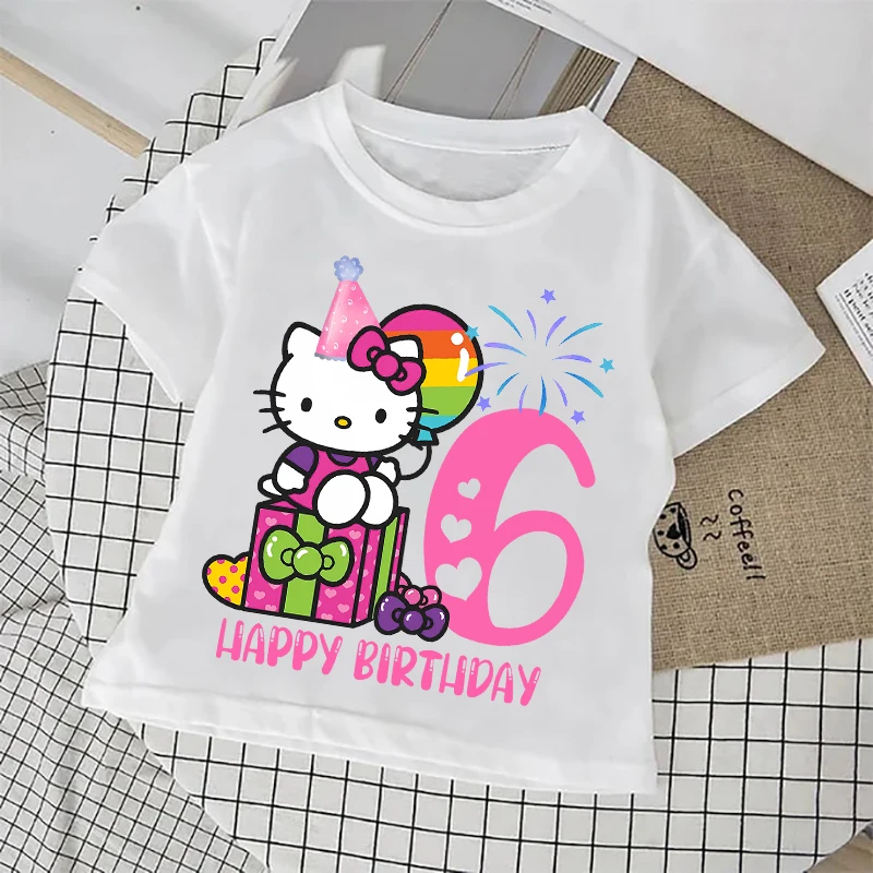 Hello Kitty Birthday Number T-shirt Short Sleeve Tee Summer Kids White Top Clothes Girls T-Shirts Children Cotton Cute T Shirt view 4
