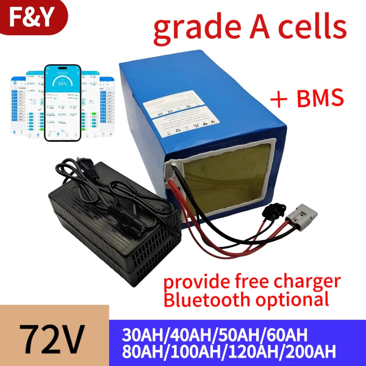 F&Y High Capacity 72V Lithium Li-ion Battery for Two/Three Wheelers 30Ah to 200Ah 2KW to 5KW Electric Vehicle Applications