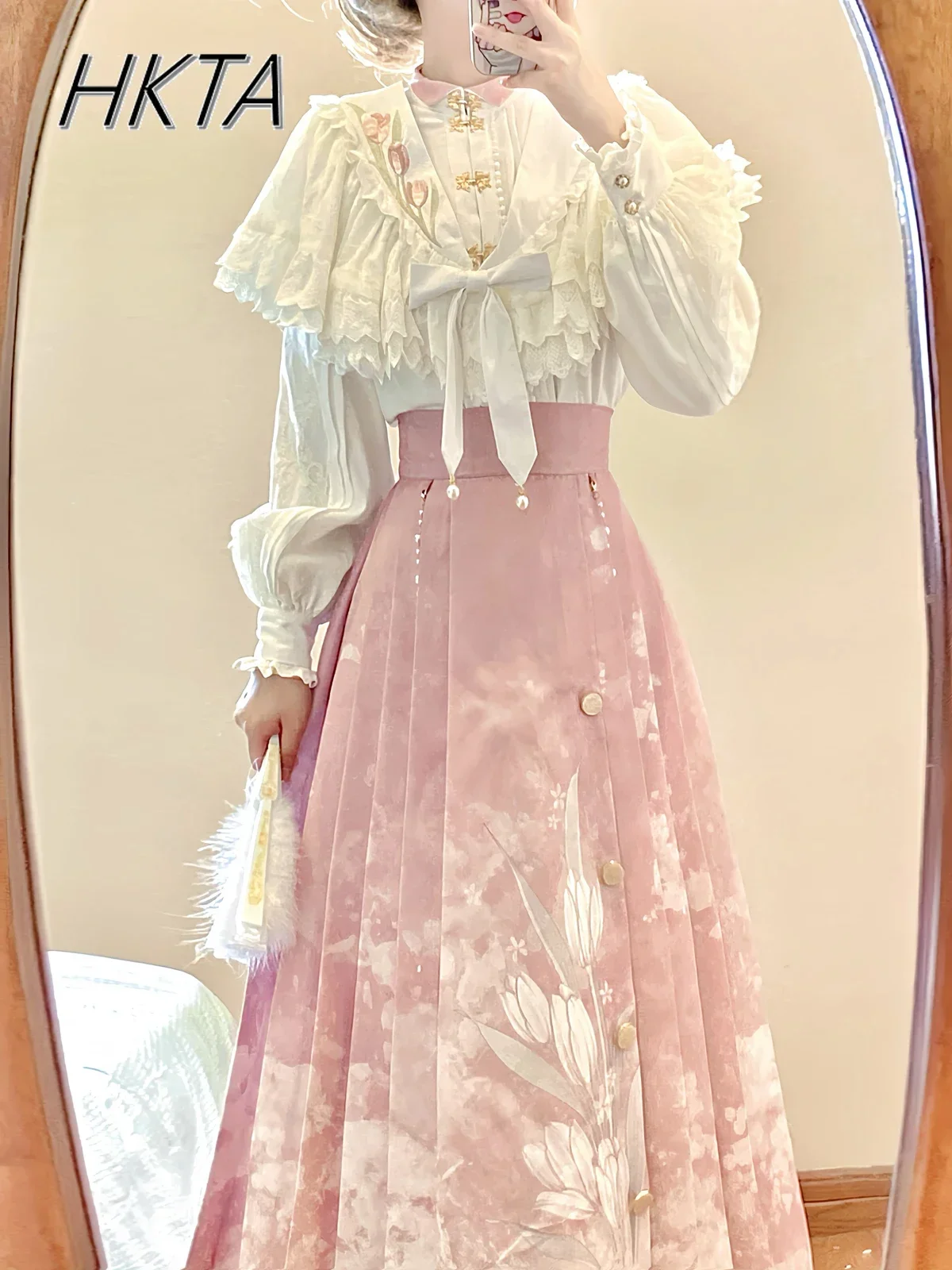 خريف شتاء جديد قميص طويل الأكمام شال لوليتا الأصلي الحلو زهرة Hanfu عنصر النمط الوطني جديد الصينية الحصان تنورة مجموعة #2