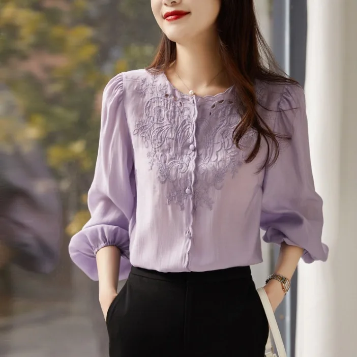Chemisier à manches longues et col rond pour femme, Style français élégant, broderie de tempérament, manches lanternes, petit haut, printemps et automne