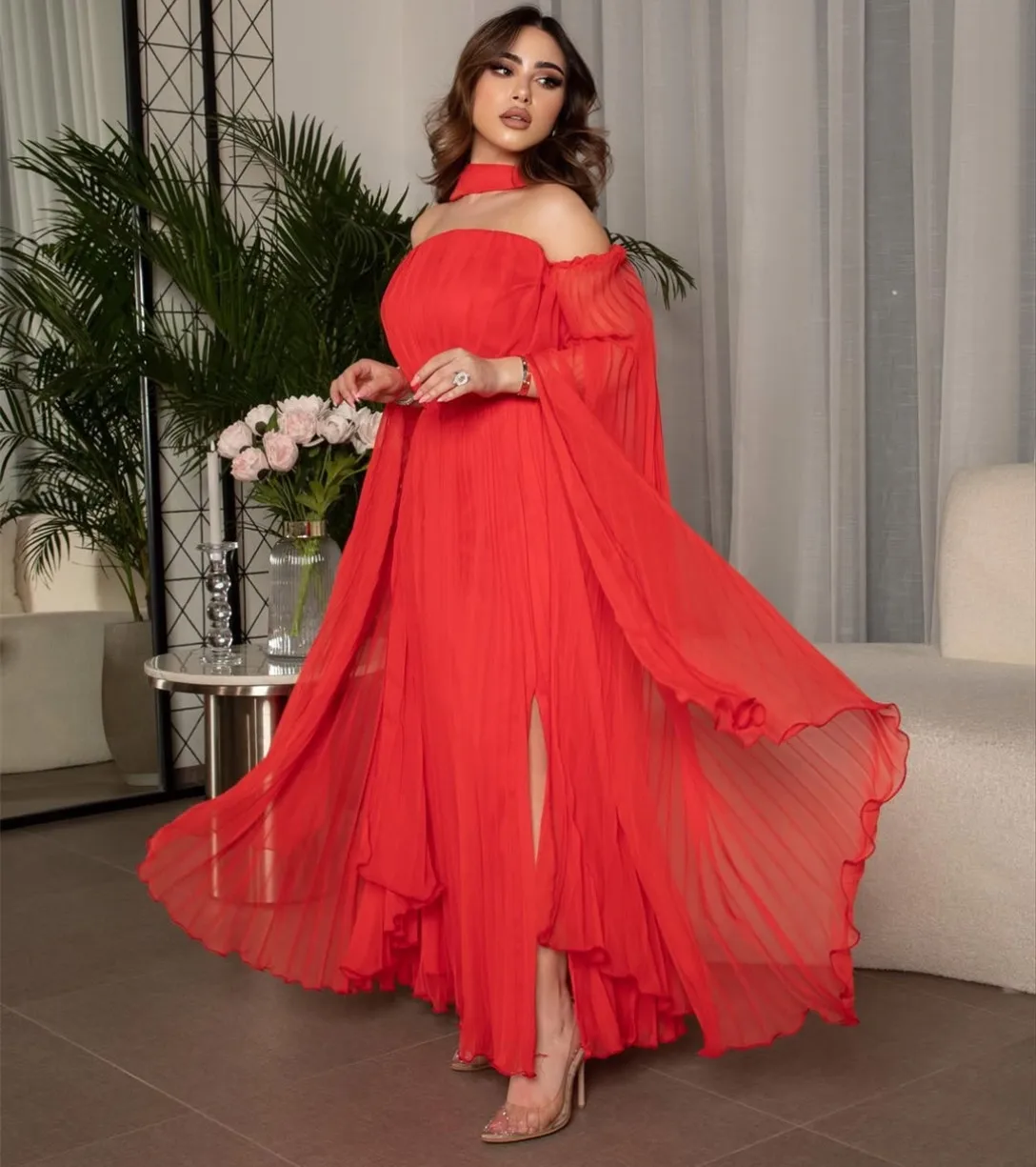 

Customized Short Red Chiffon Evening Dresses with Slit A-Line Long Sleeve فساتين السهرة Ankle Length Prom Dress for Women