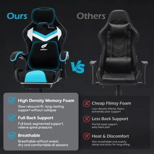 Ergonomic Gaming Chair for Adults, Black Blue | Comfy Video Game Chair with Footrest, Gamer Chair with Headrest and view 4