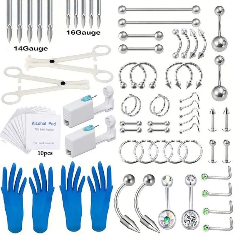 67/70/101/111Pcs Sterile Ear Piercing Kit,Tragus Helix Cartilage No Pain Piercer Tool Machine Set Stud Jewelry