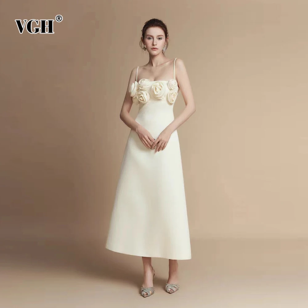 

VGH Slimming Spliced Appliques Elegant Dresses For Women Square Collar Sleeveless Backless High Waist Chic Dress Female Style