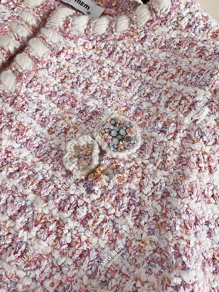 High-End Ort Bloemen Pailletten Roze Tweed Open Vest Dames Herfst Faion Bovenkleding Loose Fit Diamond Embellied Button-Up