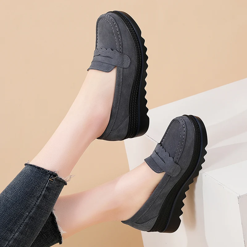 41 large size women\'s shoes suede leather loafers muffin sole thick sole increase casual women\'s single shoe cover foot leather