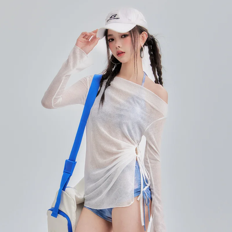 

Split blouse printing dyeing denim 3-piece cover the belly look thin conservative vacation hot spring small chest pure swimsuit
