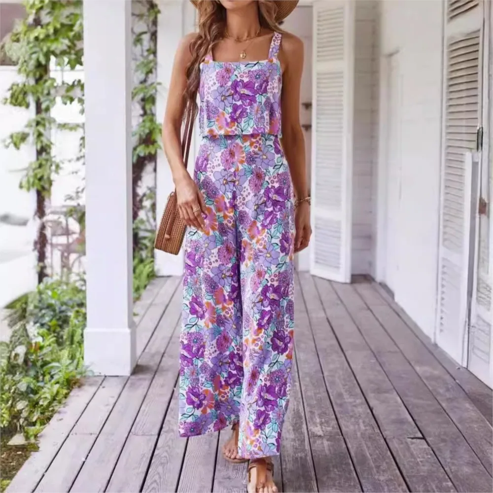 2024 New Women Floral Jumpsuit Sexy Suspender Waist Wide Leg Women\'s Jumpsuit Casual Sleeveless Summer Women\'s Wear