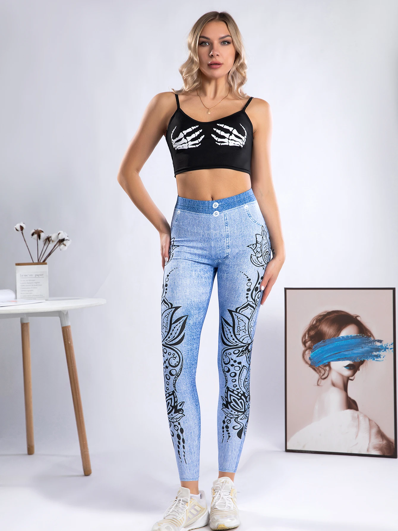 New Digital Printed High-waisted Imitation Denim Leggings For Women Europe And America Sexy High-stretch Tight Nine-point Pants