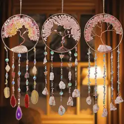 Crystal Pink Quartz Sun Catcher Gems Natural Stone Chakra Tree of Life Suncatcher Dream Catchers Hanging Healing Decor Xmas Gift