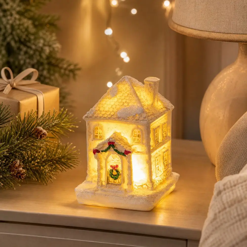 Resin Christmas House Ornament Battery Powered LED Light Light Up Village House Cartoon Mini Christmas Night Light