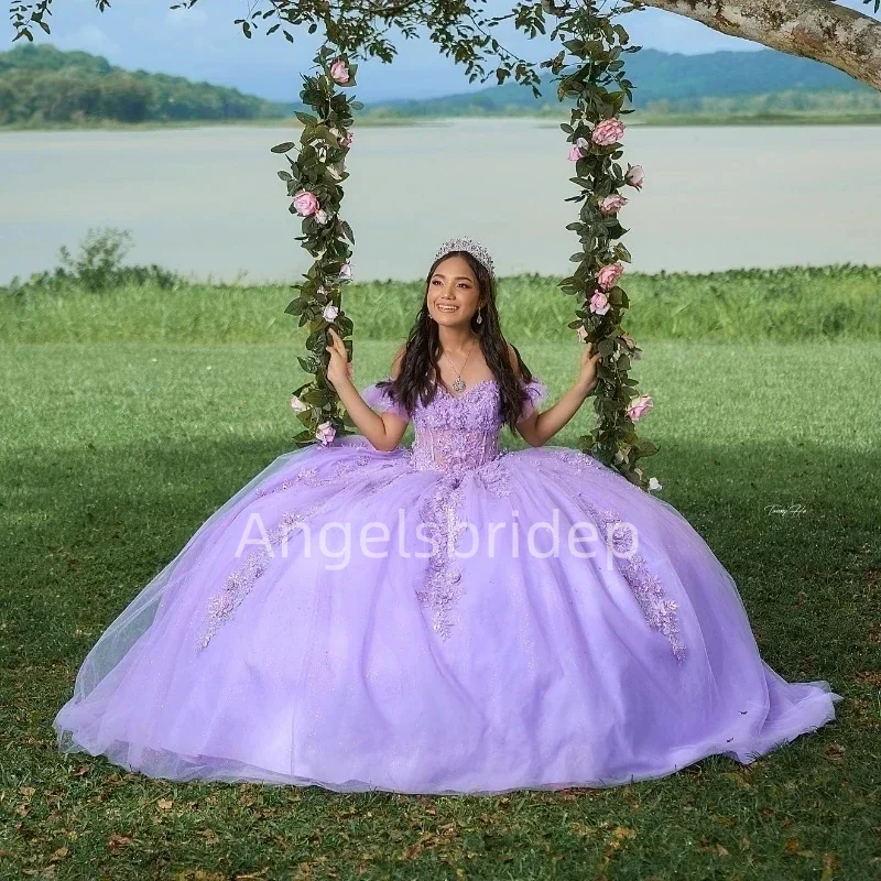 Angelsbride-vestido de baile con hombros descubiertos para quinceañera, apliques de tul, cuentas de encaje, Formal, Cenicienta, cumpleaños, dulce 15