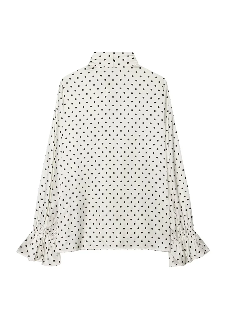 HH Women Spring Summer Casual White Black Polka Dot Blouse Bow Tie Neck Flare Cuffs Long Sleeve For Work Office Daily Wear