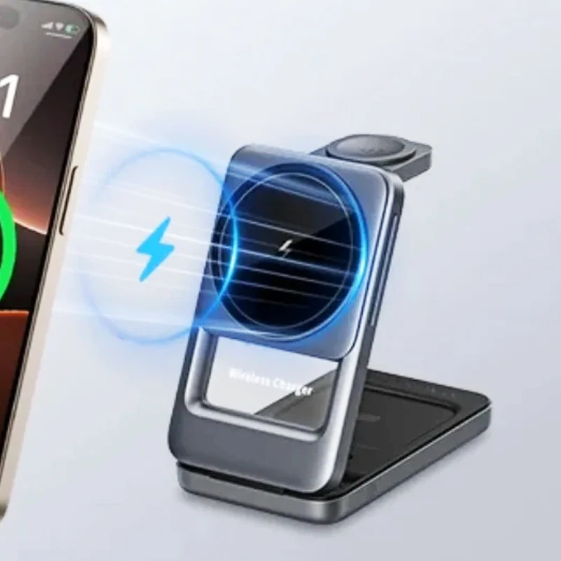 Foldable 3 in 1 Magnetic Wireless Charging Desktop Stand for iPhone 17~12 Apple Watch 11~2 SE AirPods Pro Fast Charging Station