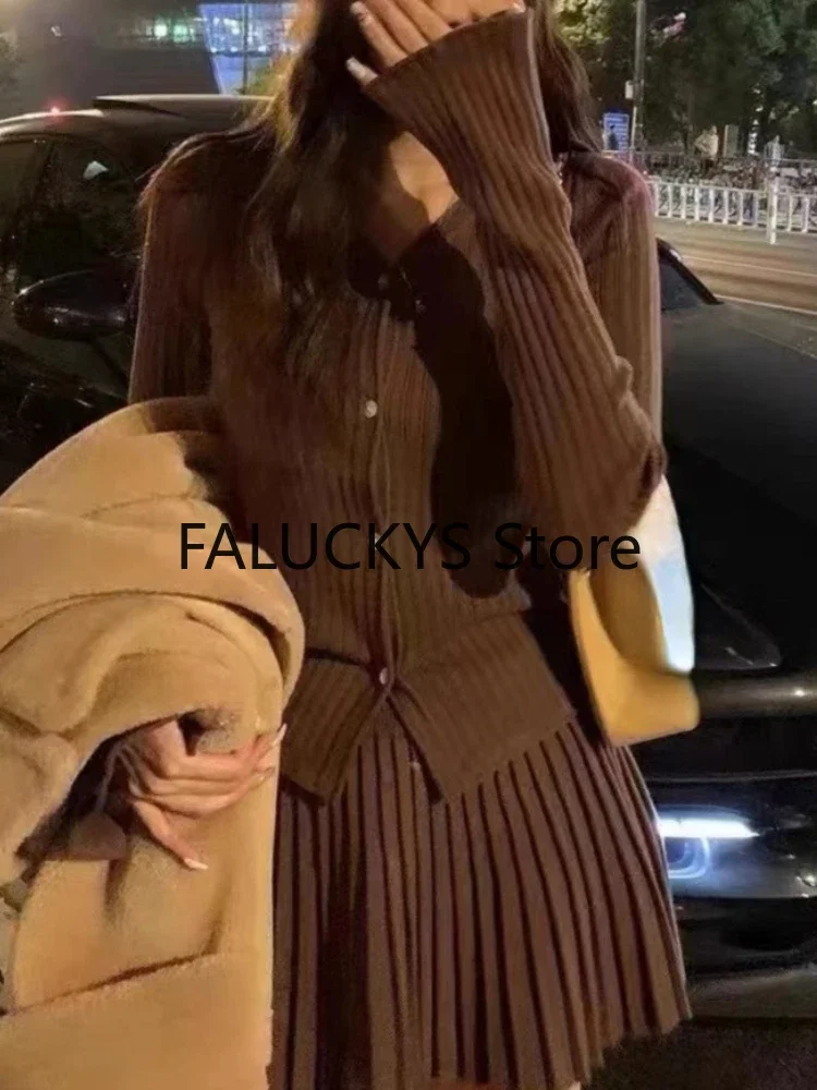 Elegant Two-piece Solid Skirt Sets Women V-neck Long Sleeves  Knitted Cardigan + Mini Pleated Skirt Autumn Y2K Korean Chic Suit