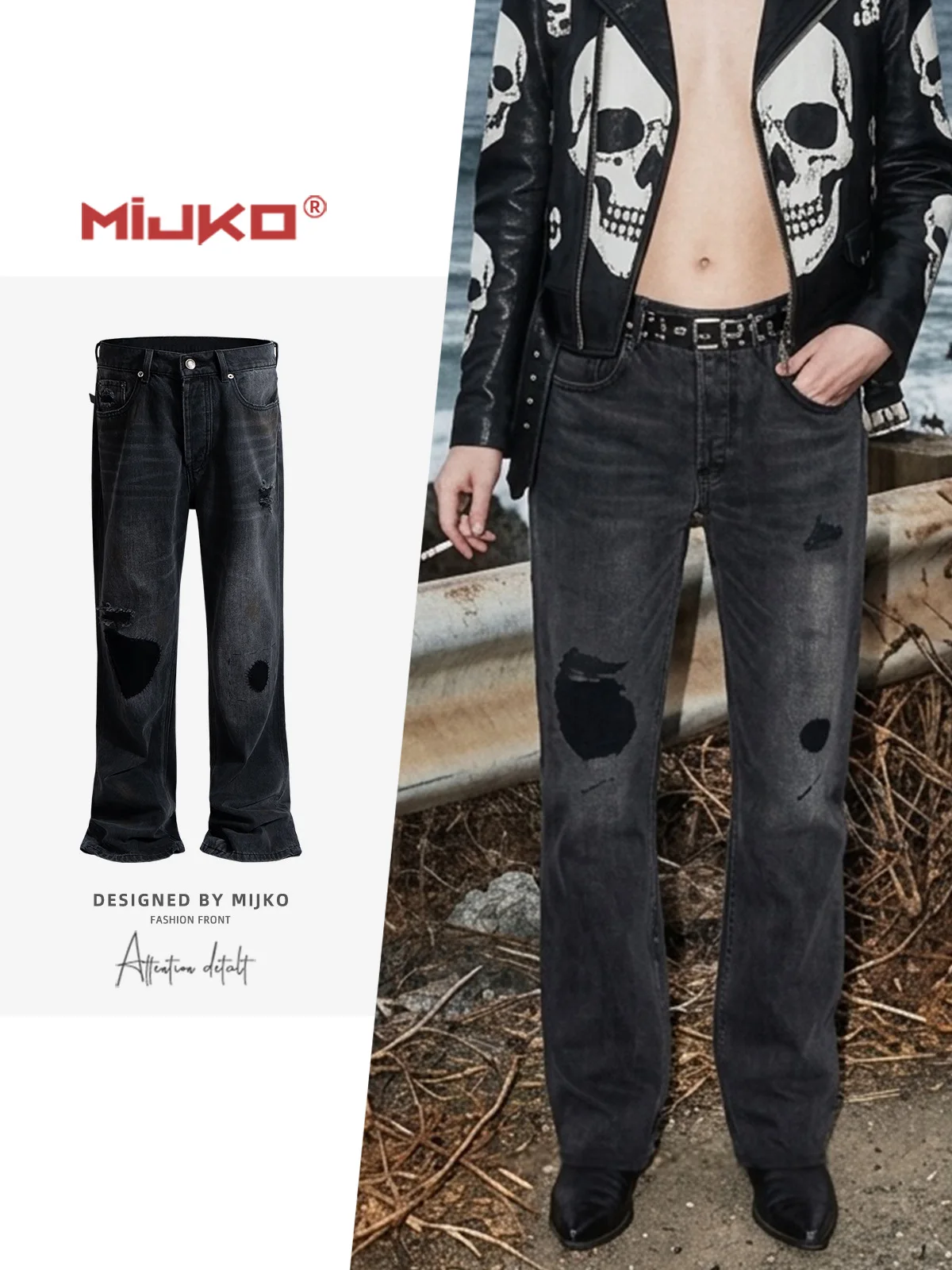 MIJKO Black Burn Patch Destroyed Jeans FJ073
