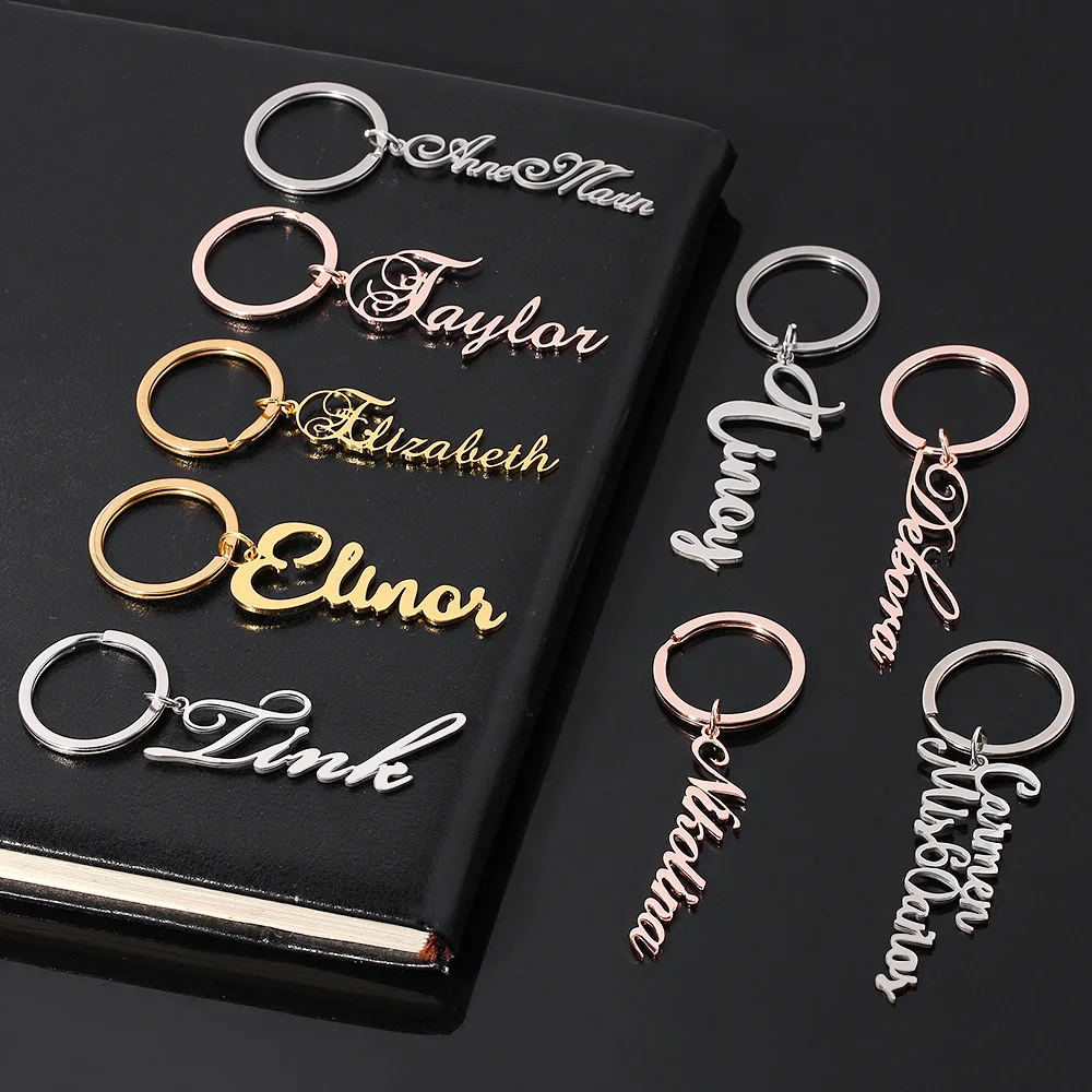 DUOYING Custom Name Keychain Personalized Cursive Script Name Key Ring Stainless Steel Key Pendant Women Birthday Wedding Gift