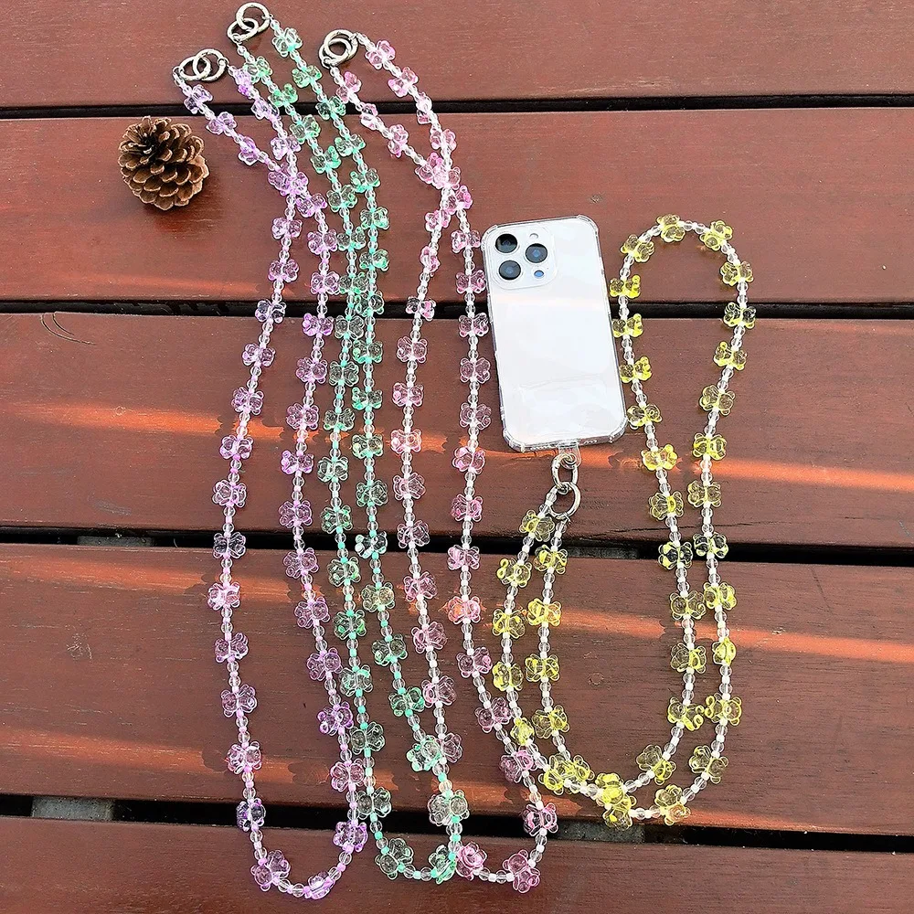 

New For Phone Transparent Cute Bear Beaded Crossbody Chain Advanced Sense Hand-Beaded Lanyard Bag Hanging Decoration Keychain