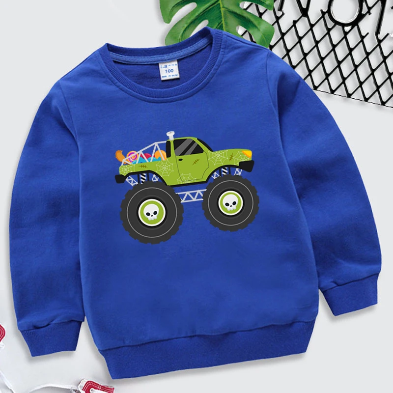 Spring Autumn Kids Halloween Monster Truck Sweatshirts Trendy Cartoon Style Tracksuit for Boys Girls Round Neck Halloween Hoodie