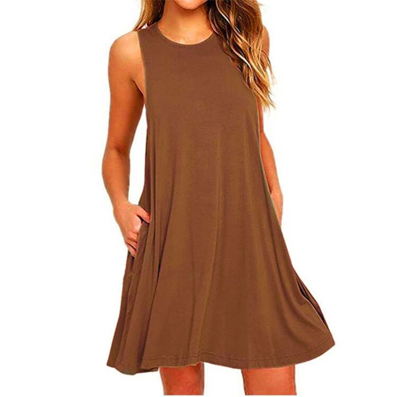 Women's Dress Summer Casual T Shirt Dresses Beach Cover Up Plain Pleated Tank Pockets Dress