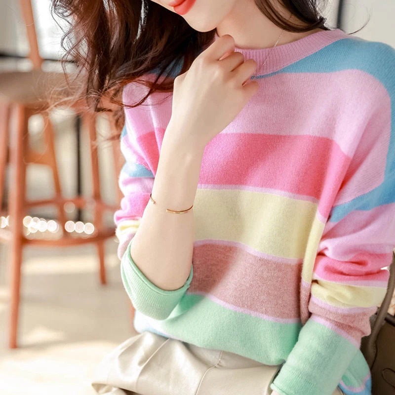 Rainbow Striped Round Neck Slim Sweet Korean Knitwear Women Spring Autumn Casual Long Sleeve Pullover Tops Chic Knitted Sweaters