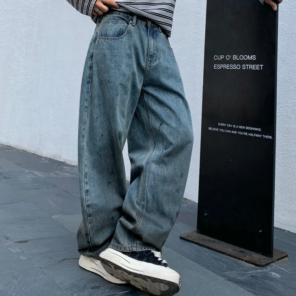 American Vintage Baggy Jeans For Men Loose Fit Oversized Distressed Denim Pants Hip Hop Skateboard Streetwear Retro Trendy Blue